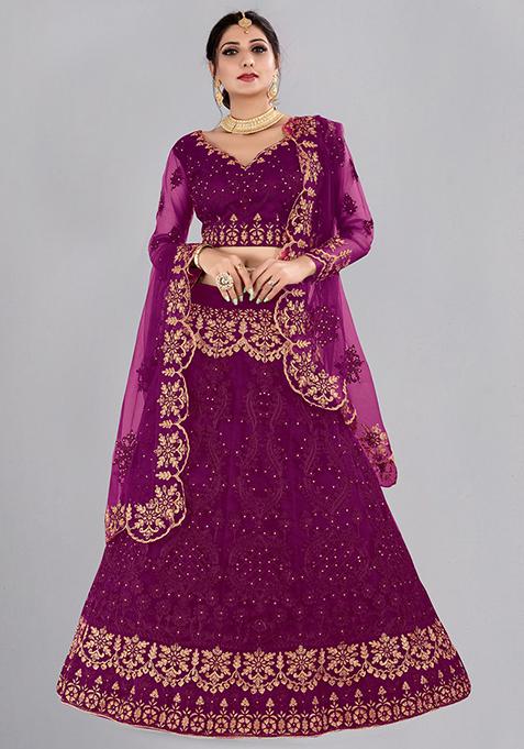 Dark Purple Embroidered Net Lehenga Set