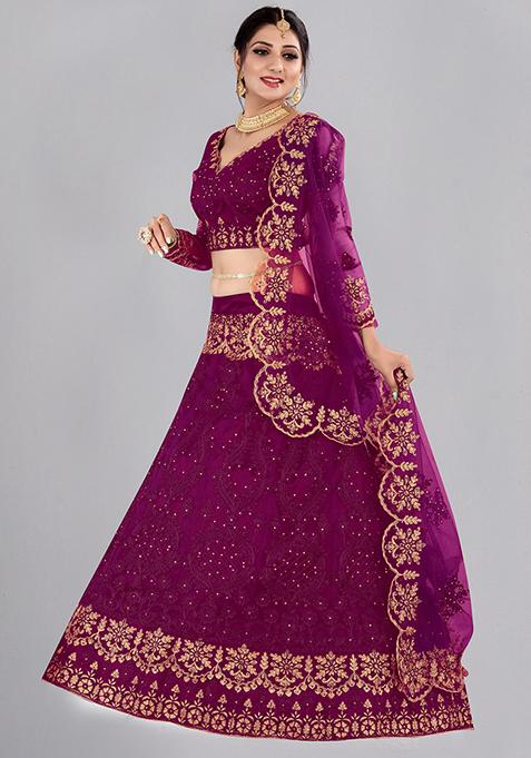 Dark Purple Embroidered Net Lehenga Set