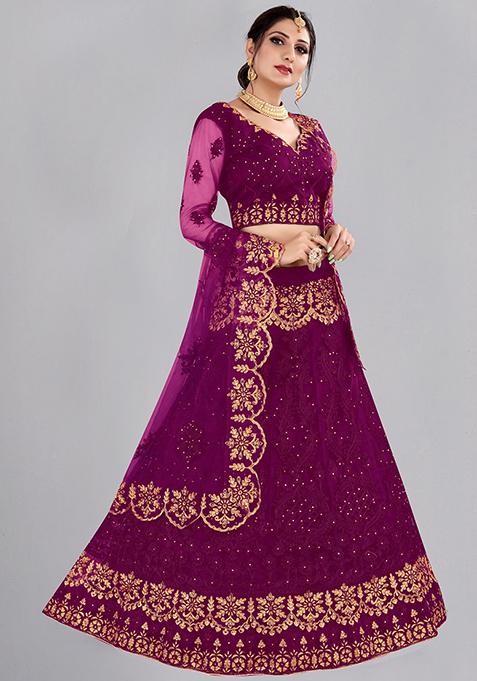 Dark Purple Embroidered Net Lehenga Set