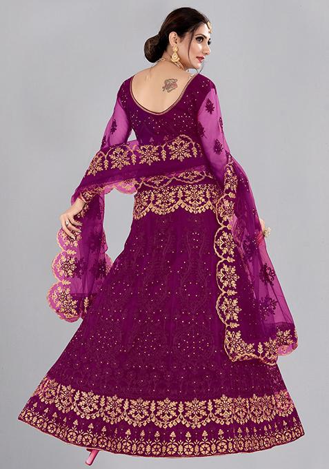 Dark Purple Embroidered Net Lehenga Set