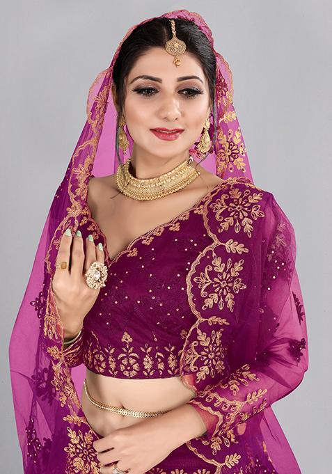Dark Purple Embroidered Net Lehenga Set