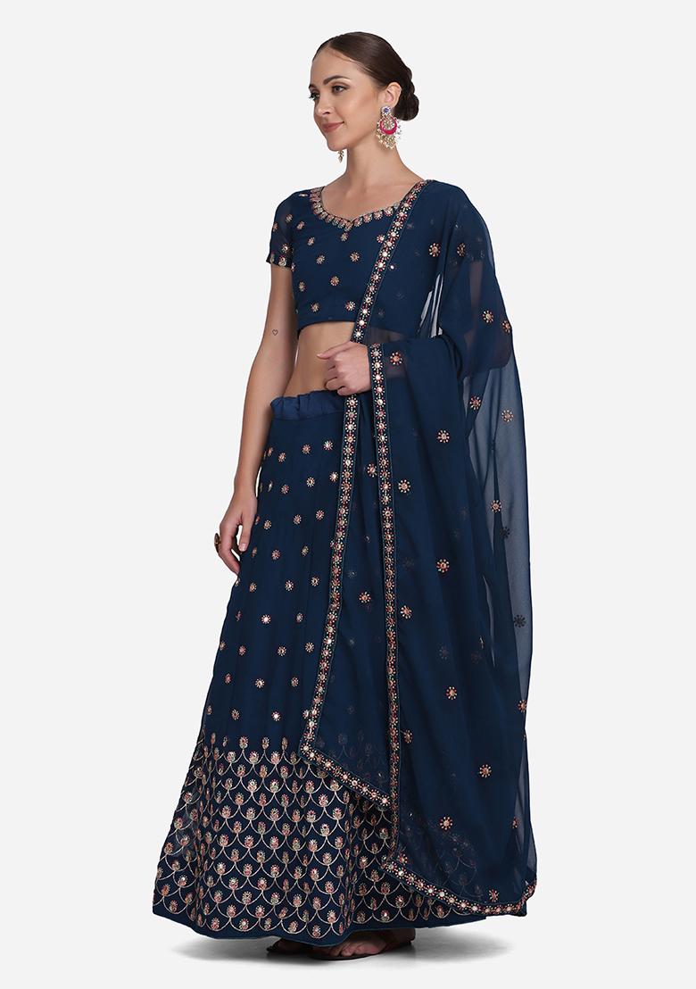 Blue Embroidered Georgette Lehenga Set