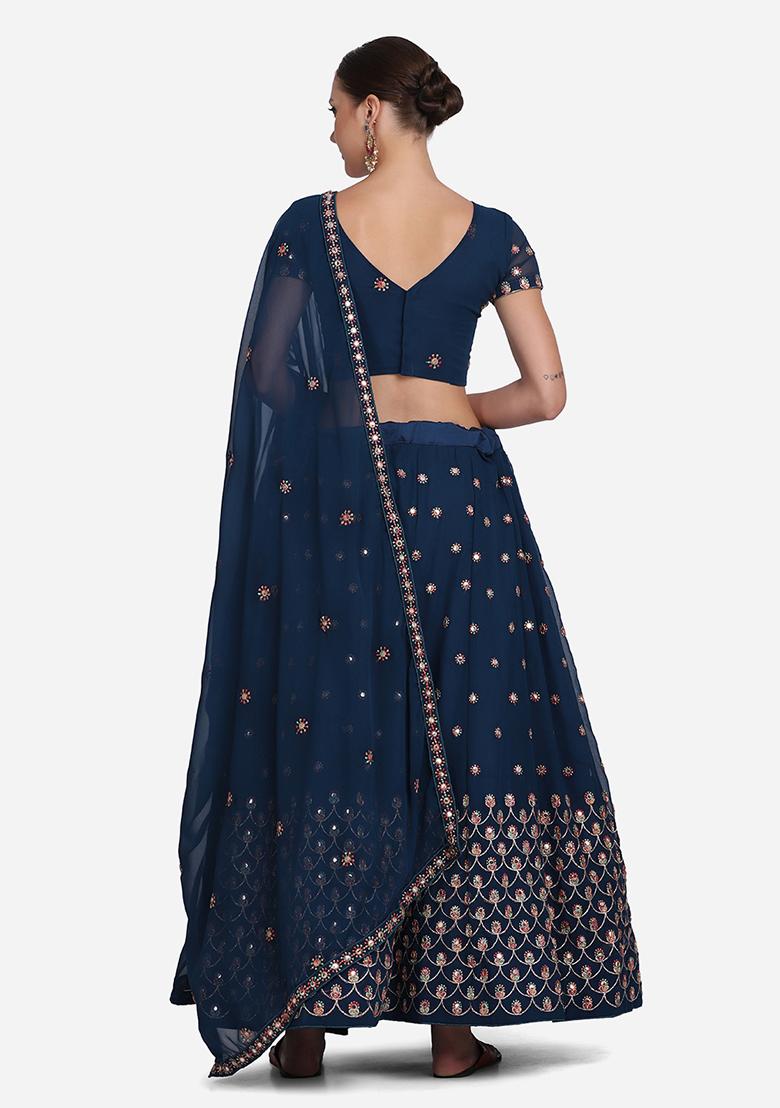 Blue Embroidered Georgette Lehenga Set