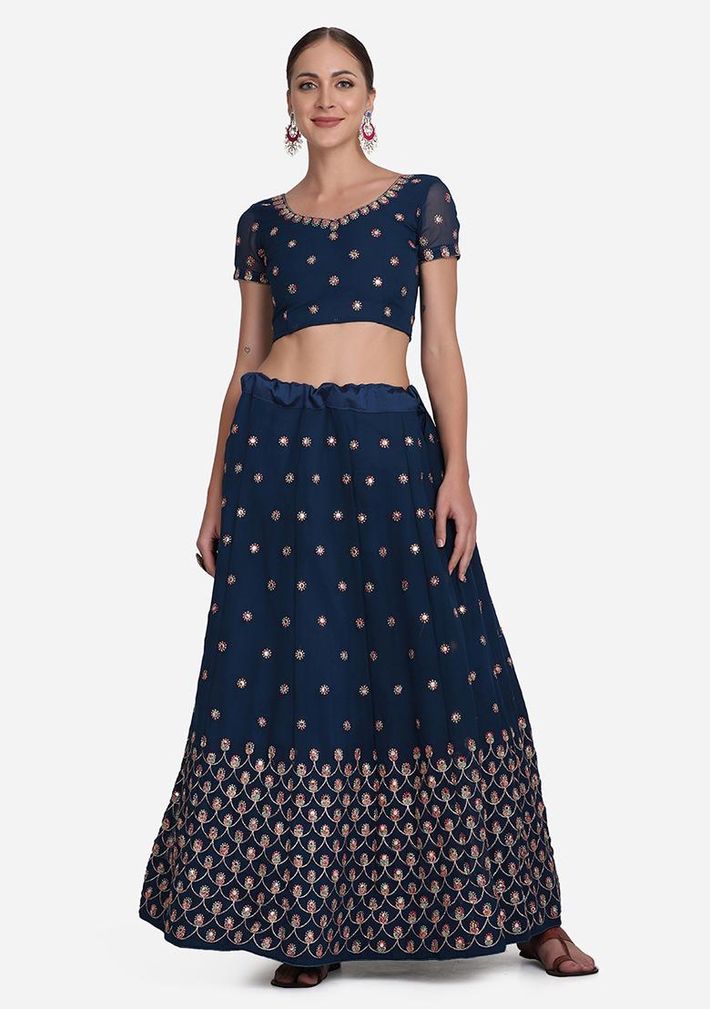 Blue Embroidered Georgette Lehenga Set
