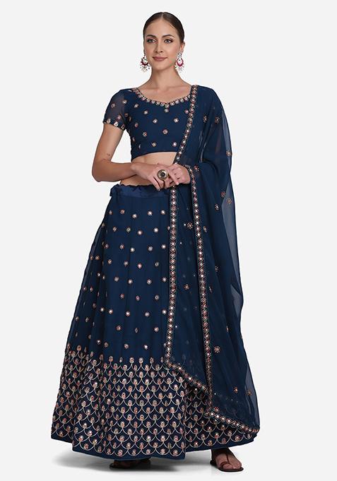 Blue Embroidered Georgette Lehenga Set