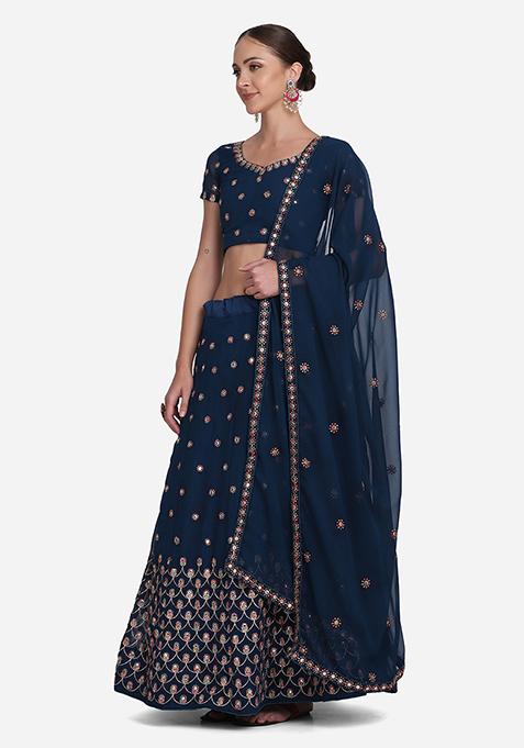 Blue Embroidered Georgette Lehenga Set
