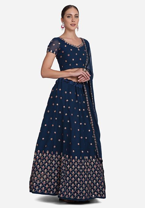 Blue Embroidered Georgette Lehenga Set