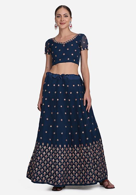 Blue Embroidered Georgette Lehenga Set