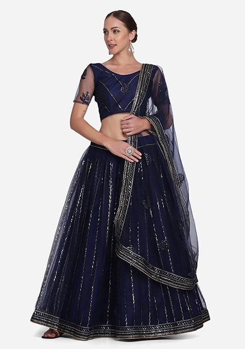 Blue Sequin Embroidered Net Lehenga Set