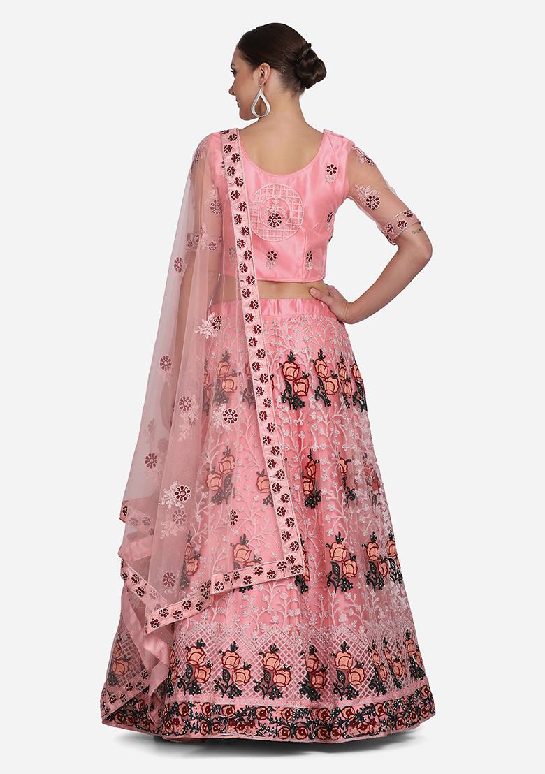 Light Pink Embroidered Net Lehenga Set - Indya