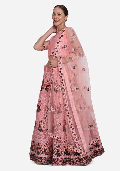 Light Pink Embroidered Net Lehenga Set