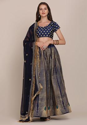 Navy Blue Embroidered Silk Lehenga Set