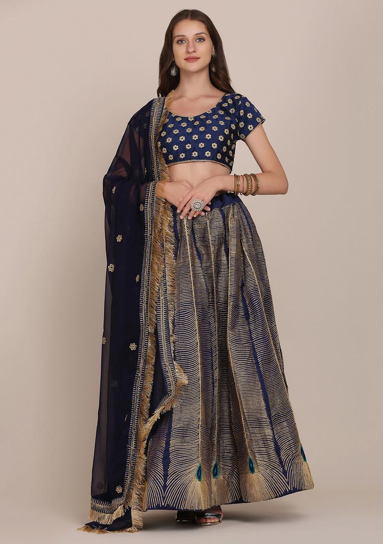 Navy Blue Embroidered Silk Lehenga Set