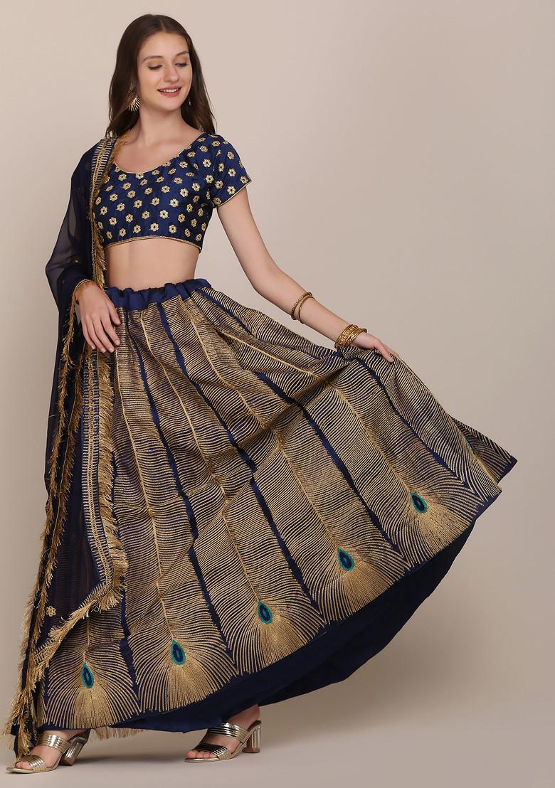 Navy Blue Embroidered Silk Lehenga Set