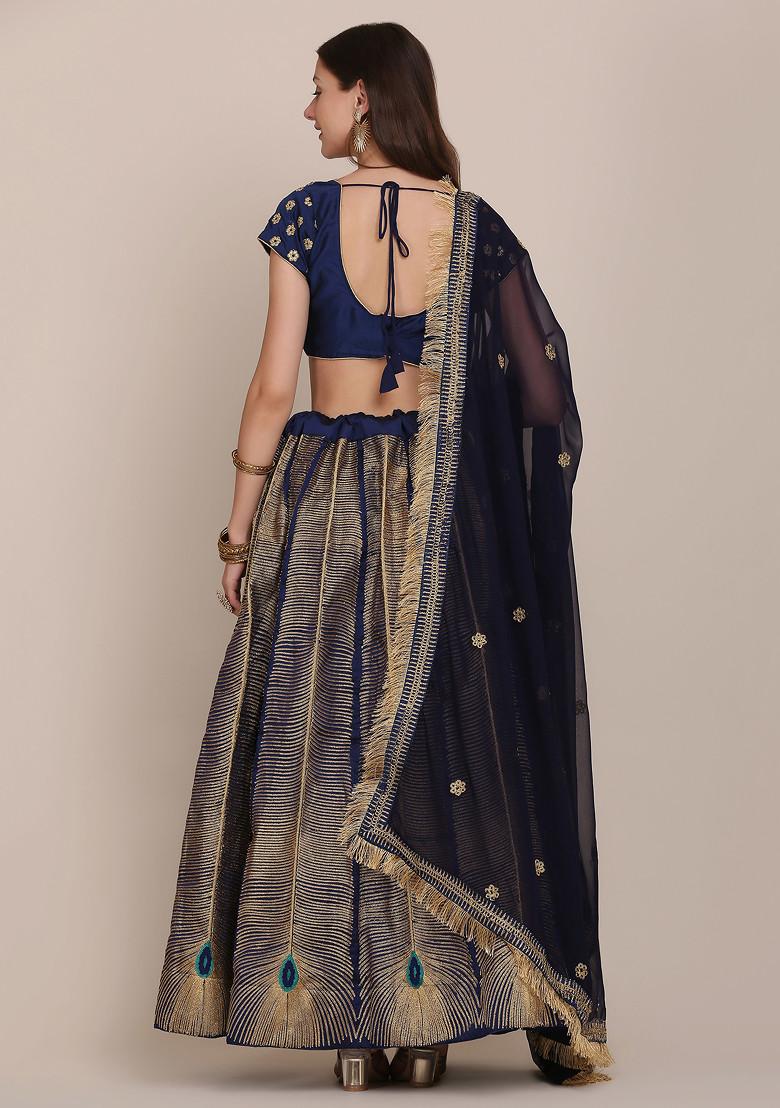 Navy Blue Embroidered Silk Lehenga Set