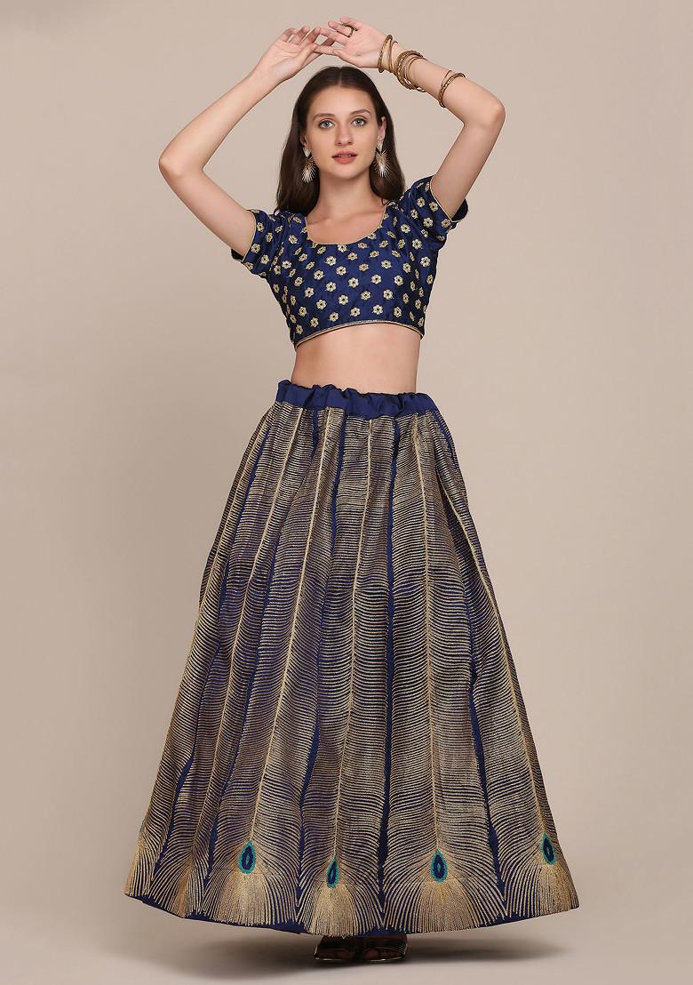Navy Blue Embroidered Silk Lehenga Set
