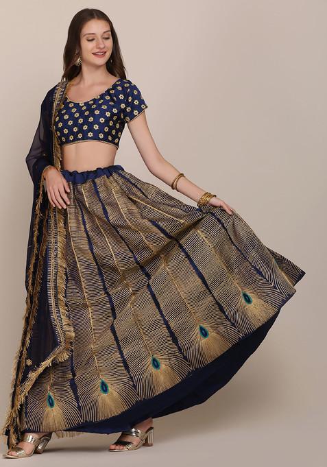 Navy Blue Embroidered Silk Lehenga Set