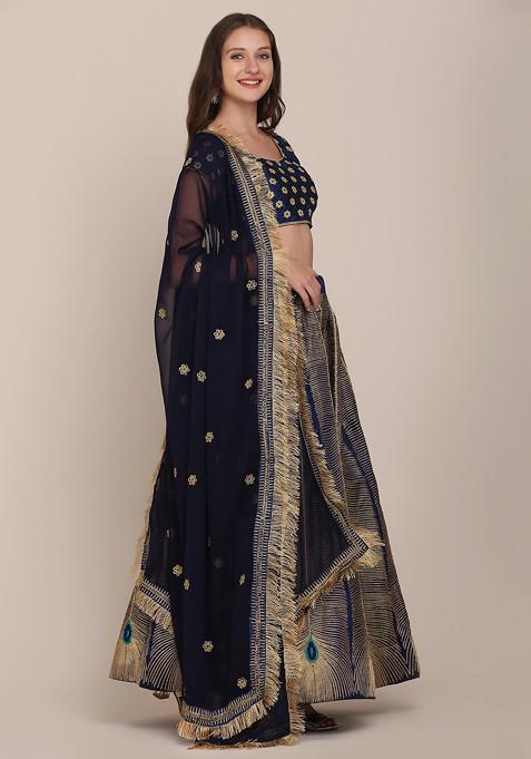 Navy Blue Embroidered Silk Lehenga Set