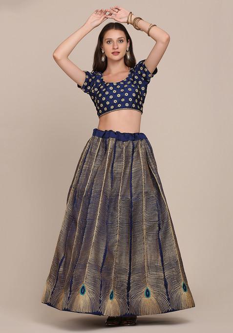 Navy Blue Embroidered Silk Lehenga Set