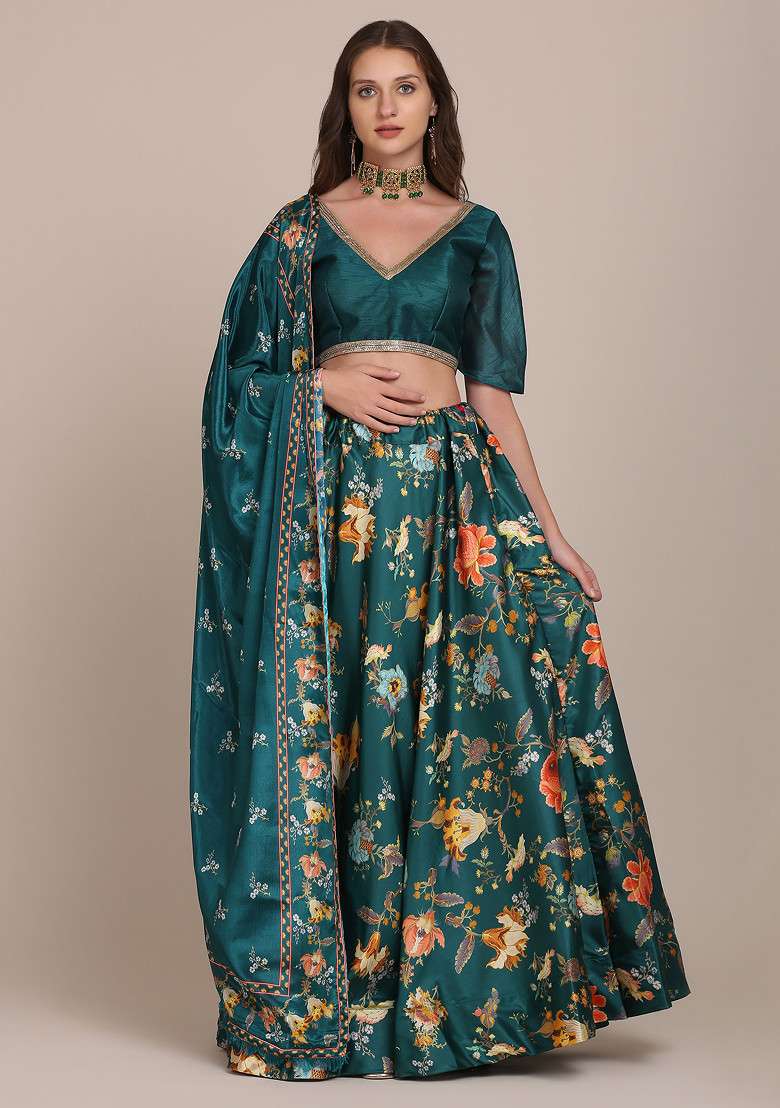 Sea Green Chinon Lehenga Set with Printed for Diwali | Wedding & Festive Wear - Indya