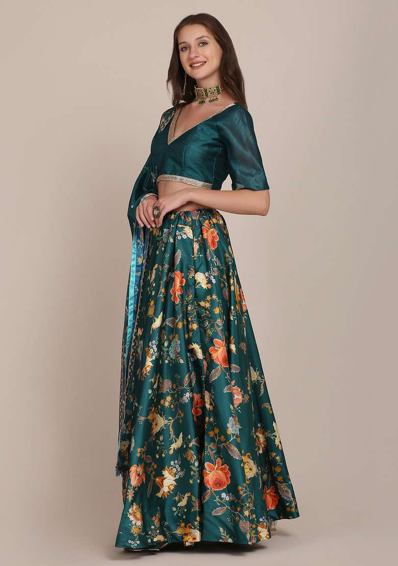 Sea Green Chinon Lehenga Set with Printed for Diwali | Wedding & Festive Wear - Indya