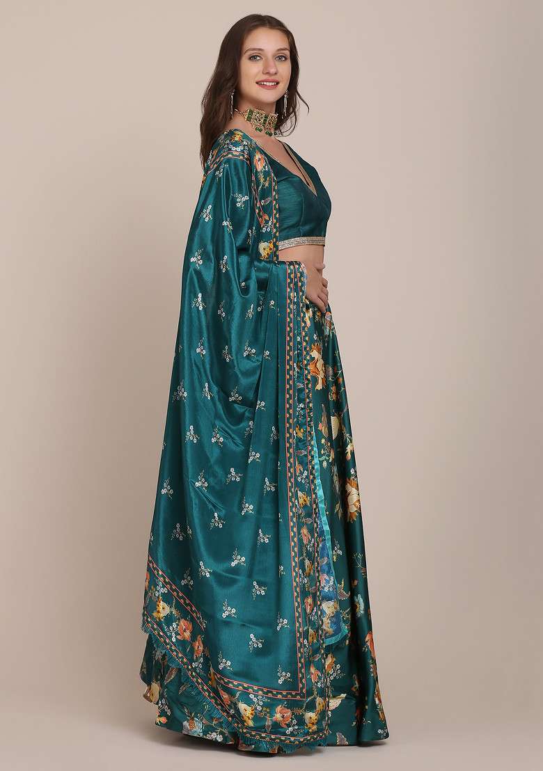 Sea Green Chinon Lehenga Set with Printed for Diwali | Wedding & Festive Wear - Indya