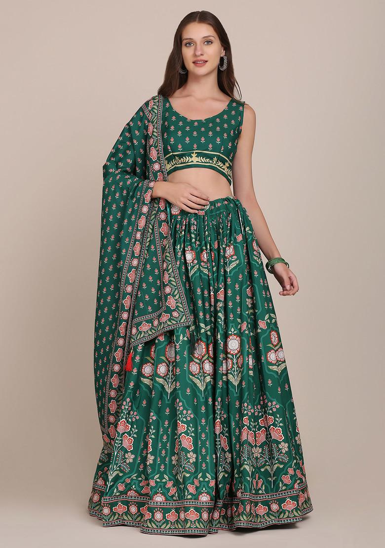 Green Printed Crepe Lehenga Set