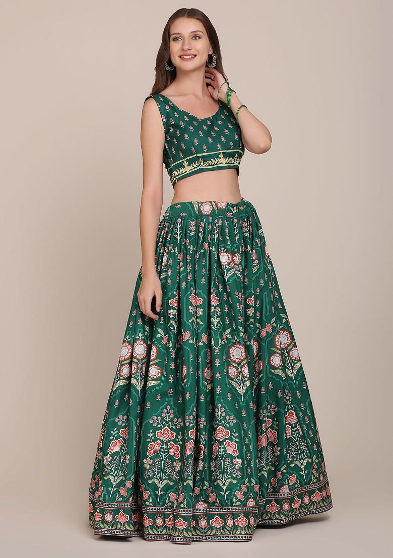 Green Printed Crepe Lehenga Set