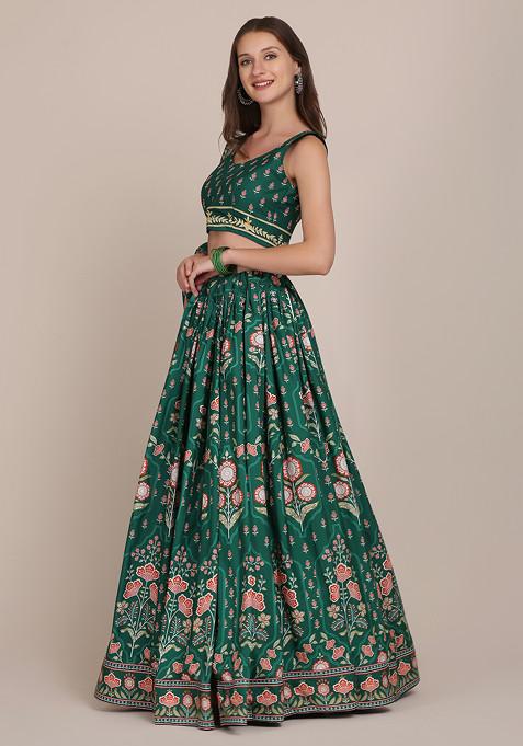 Green Printed Crepe Lehenga Set