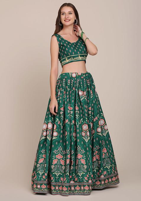 Green Printed Crepe Lehenga Set