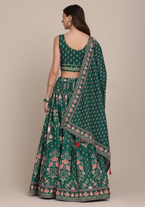 Green Printed Crepe Lehenga Set