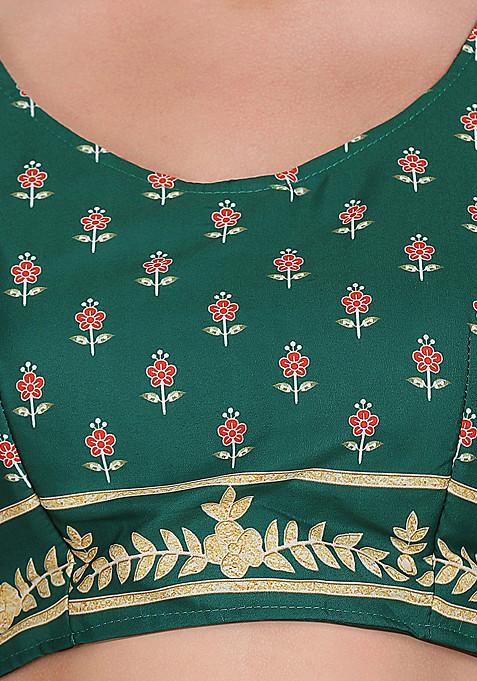 Green Printed Crepe Lehenga Set