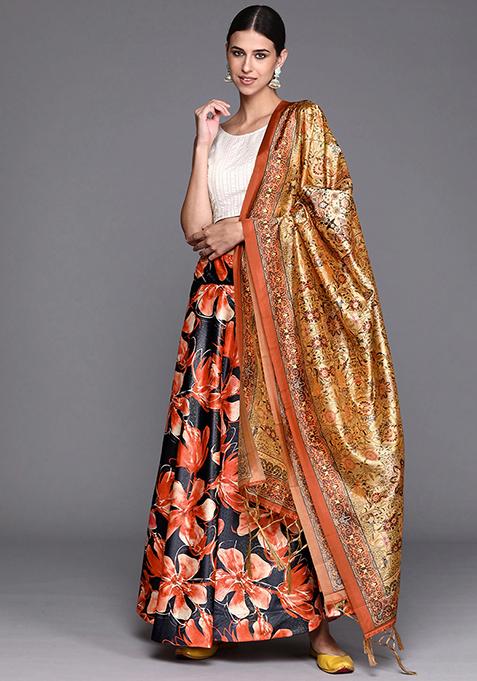 Red Printed Satin Silk Blend Lehenga Set