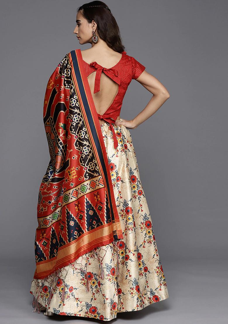 Cream Digital Print Satin Silk Lehenga Set