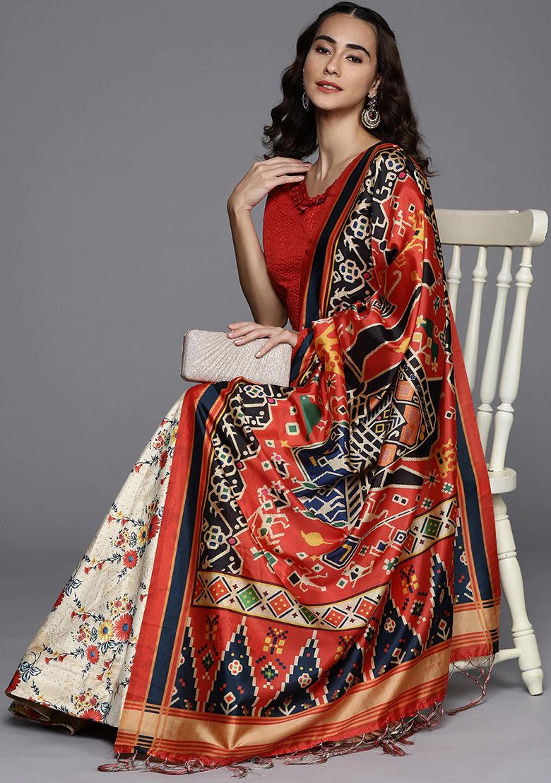 Cream Digital Print Satin Silk Lehenga Set