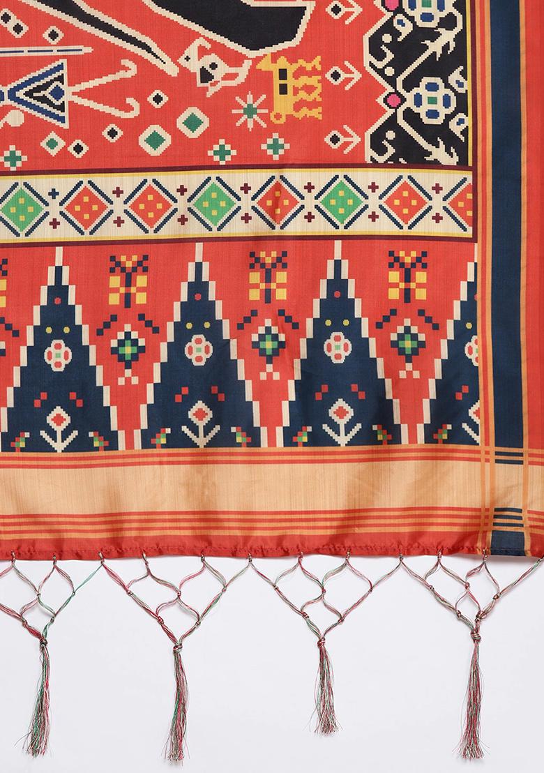 Cream Digital Print Satin Silk Lehenga Set