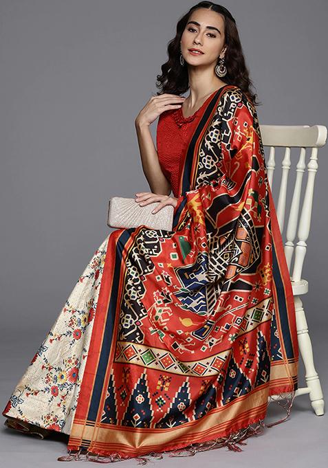 Cream Digital Print Satin Silk Lehenga Set