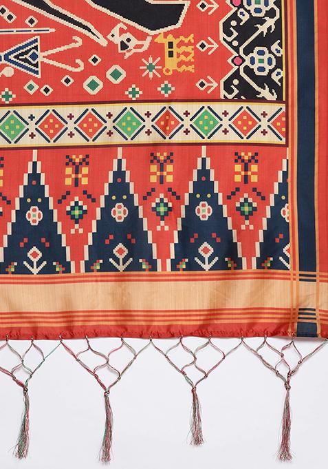 Cream Digital Print Satin Silk Lehenga Set