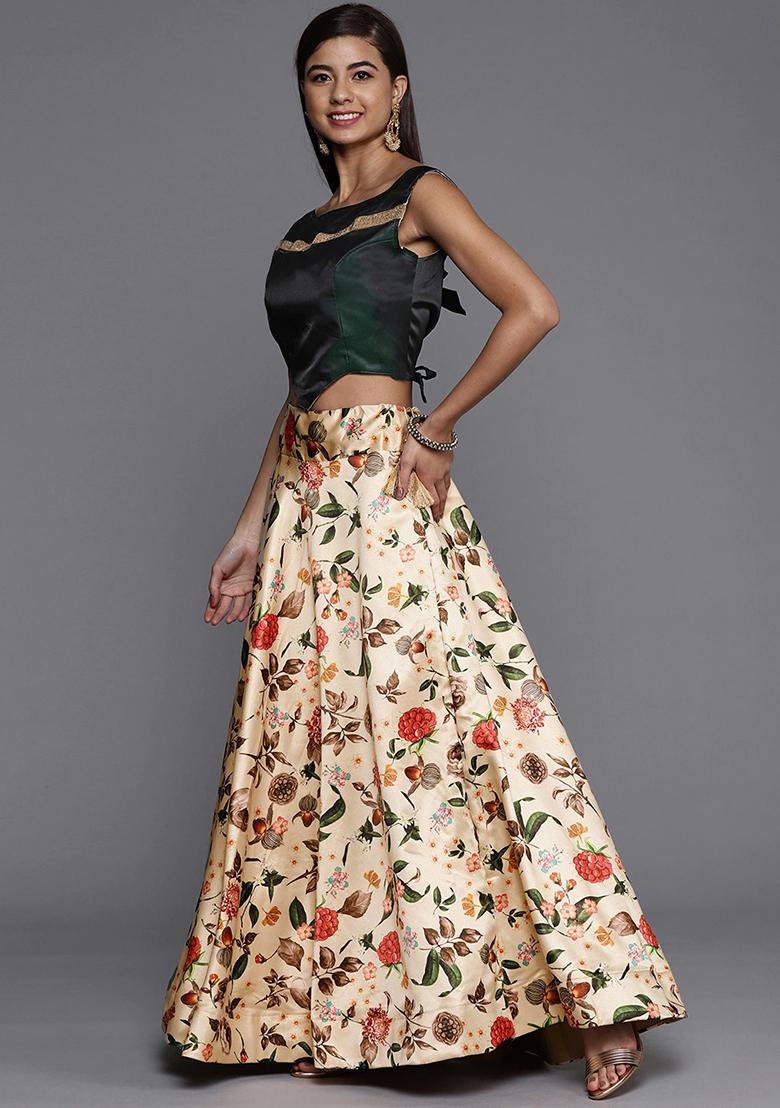 Light Cream Printed Satin Silk Lehenga Set