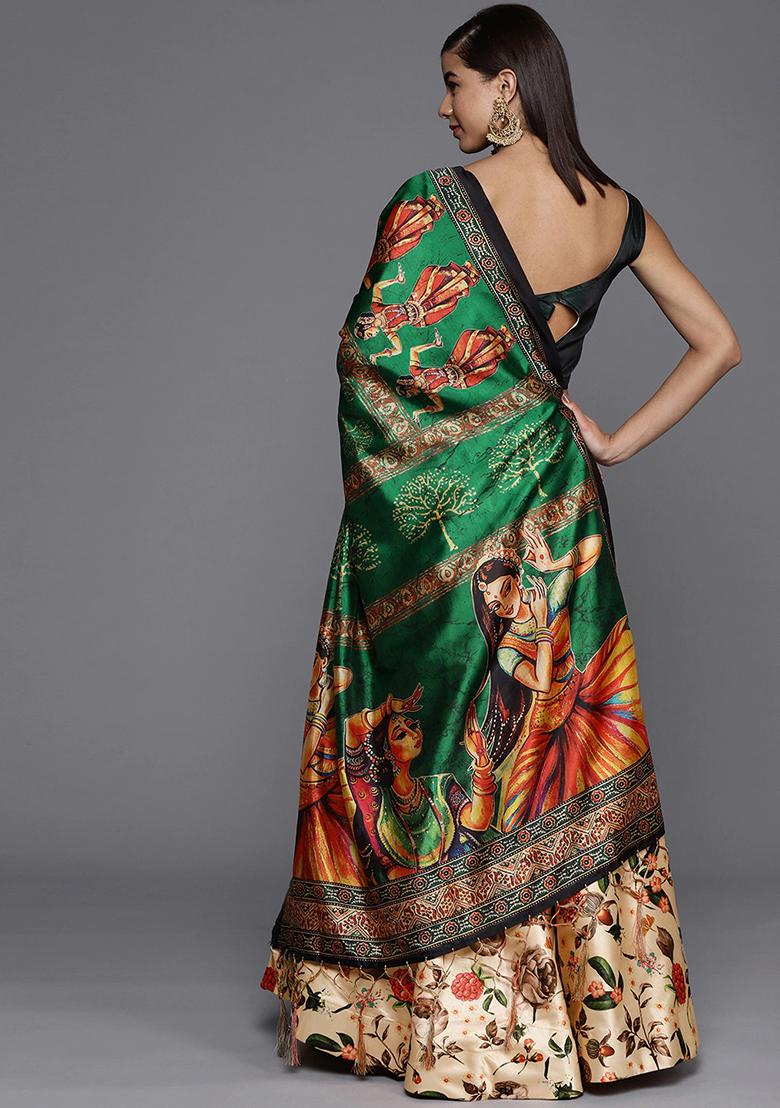 Light Cream Printed Satin Silk Lehenga Set