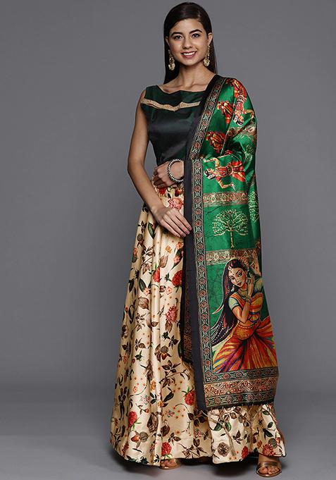 Light Cream Printed Satin Silk Lehenga Set