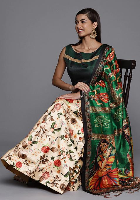 Light Cream Printed Satin Silk Lehenga Set