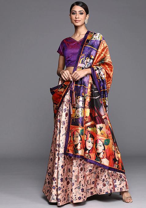 Peach Digital Print Satin Silk Lehenga Set