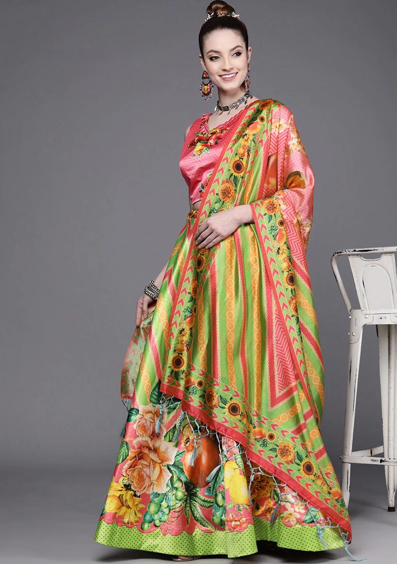 Parrot Digital Print Satin Silk Lehenga Set