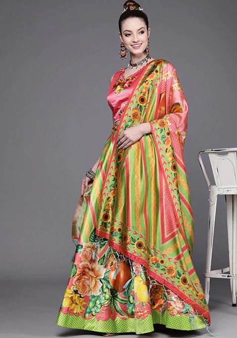 Parrot Digital Print Satin Silk Lehenga Set