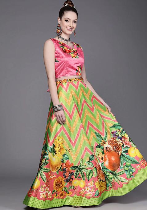 Parrot Digital Print Satin Silk Lehenga Set