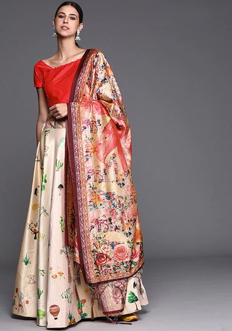 Peach Digital Print Silk Satin Lehenga Set