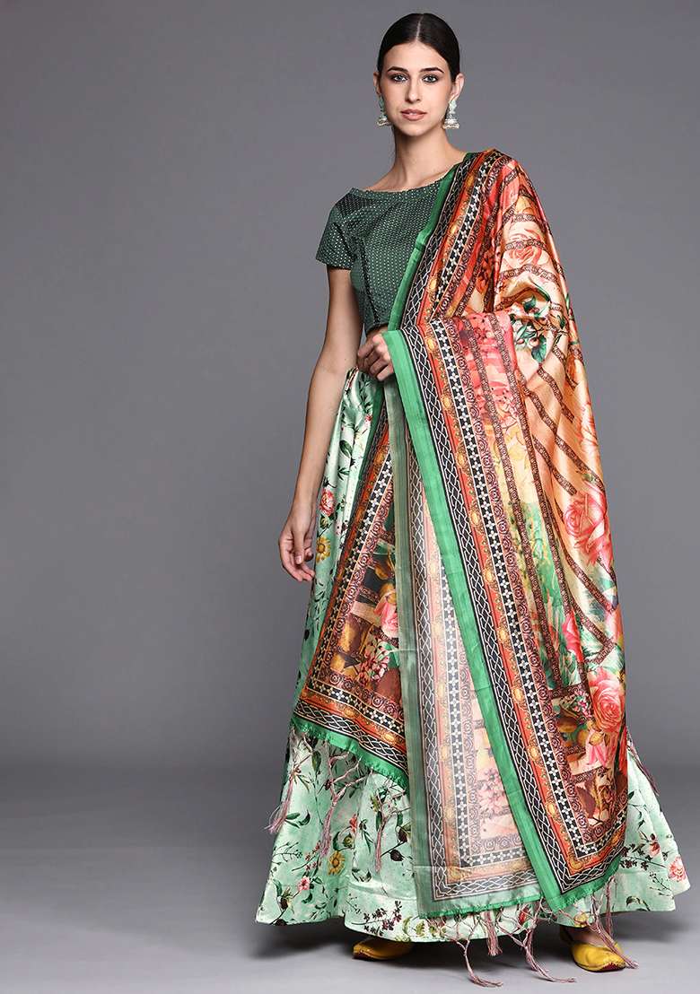 Olive Green Digital Print Satin Silk Blend Lehenga Set for Diwali and Festive Wear - Indya
