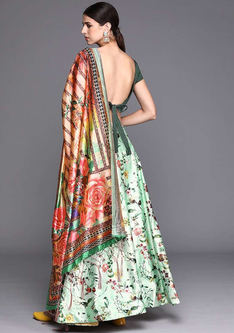 Olive Green Digital Print Satin Silk Blend Lehenga Set for Diwali and Festive Wear - Indya