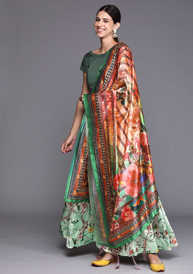 Olive Green Digital Print Satin Silk Blend Lehenga Set for Diwali and Festive Wear - Indya